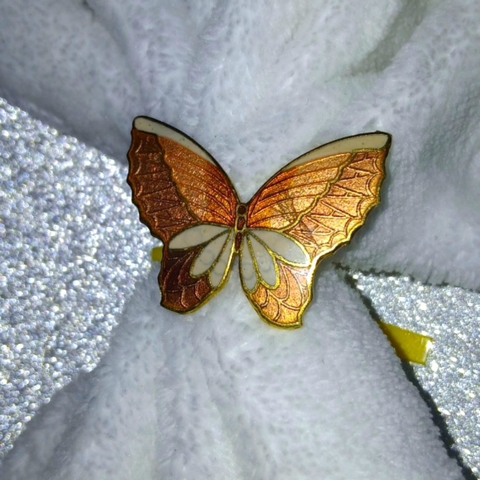 Vintage Rare Gold And White Enamel Butterfly Brooch